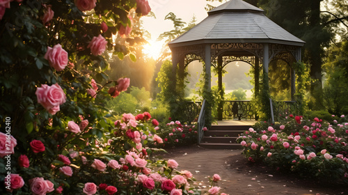 Elegant flowered gazebo in the garden. Neural network AI generated art