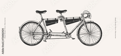 Tandem bicycle, two-seater bicycle on a light background. Retro bicycle with two seats in engraving style. A vehicle for walking, sports and tourism.