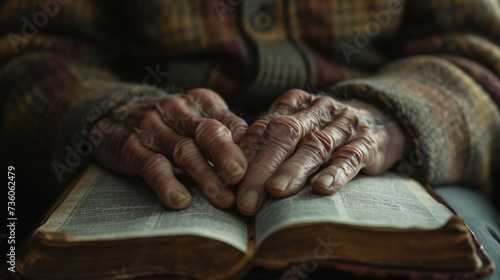 wrinkled The hands of an elderly man are folded on a book