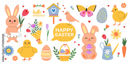 Colorful Easter bunnies, chicks and eggs. Easter spring holidays. Flowers and Easter basket. Eggs hunt. Doodles, stickers isolated on white.