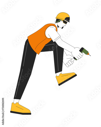 Caucasian male engineer holding cordless screwdriver 2D linear cartoon character. Working man electrician isolated line vector person white background. Drilling hole color flat spot illustration