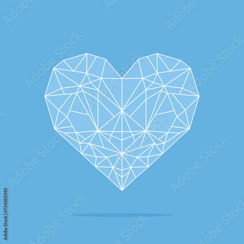 Blue polygonal heart with white lines on a blue background, flat vector illustration