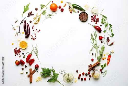 circular white vegetable and fruit background, with empty space for text