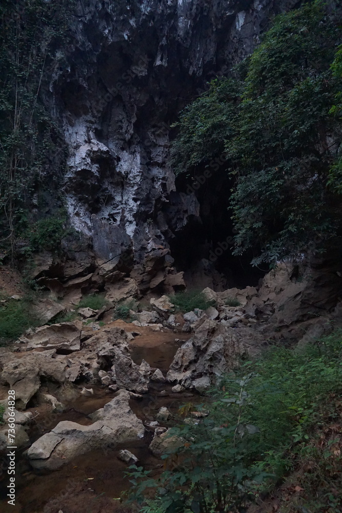 A large cave in the forest surrounded by large rocks and water flowing from the mouth of the cave.