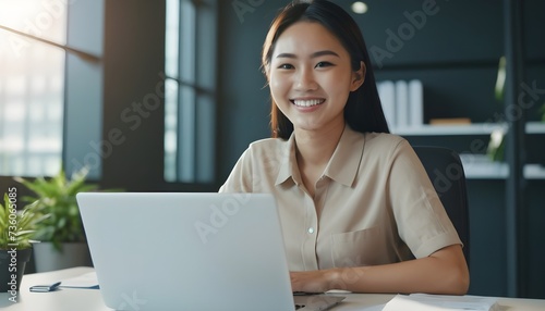 Young Asian girl using laptop, desktop, computer working in office