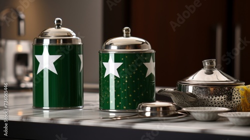 Table Topped With Green and White Dishes