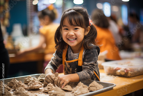 Asian little girl playing with clay