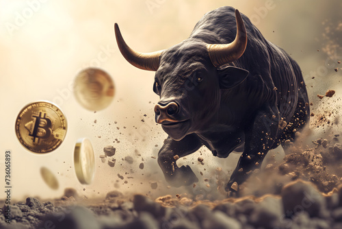 Running bull and bitcoin shiner for crypto bull run concept. photo