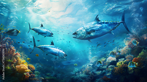 Underwater wild world with tuna fishes. © Creative