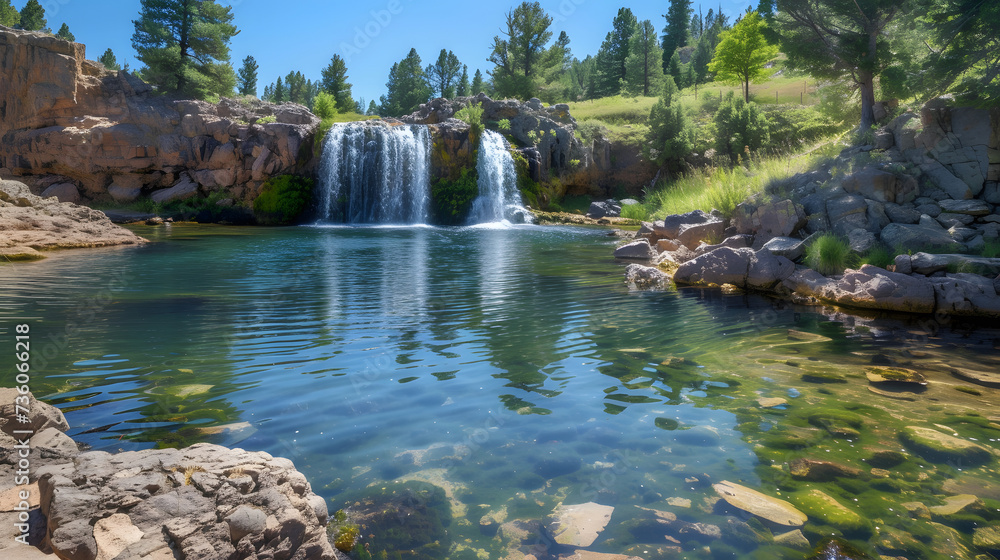 Fototapeta premium Panoramic Waterfall Vista: Breathtaking Wide-Angle Shot of Scenic Beauty and Nature's Majesty 