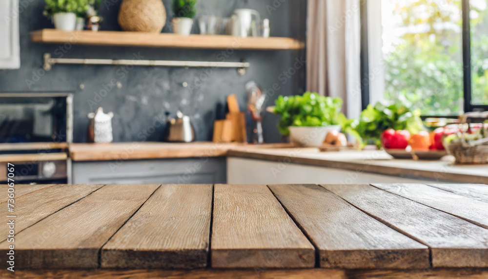 Wooden table on blurred kitchen bench background. Empty wooden table and blurred kitchen background Wooden table on blurred kitchen bench background. Empty wooden table and blurred kitchen background