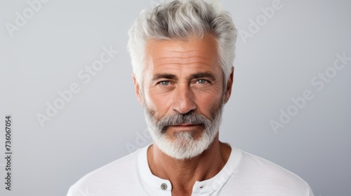 Close-up portrait of a handsome gray-haired bearded sexy senior man 60-70 years old on a white background. An old model with well-groomed skin, hairstyle looks at the camera.