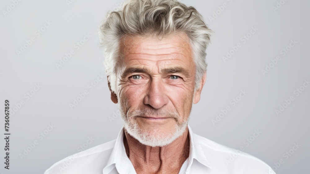 Close-up portrait of a handsome gray-bearded elderly man of 60 years on a white background with a copy space. An old model with well-groomed skin, hairstyle looks at the camera. Close-up portrait of a handsome gray-bearded elderly man of 60 years on a white background with a copy space. An old model with well-groomed skin, hairstyle looks at the camera.