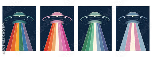 Set of colorful posters for pride day. UFO with LGBTQ pride flag colours light. Vector illustration