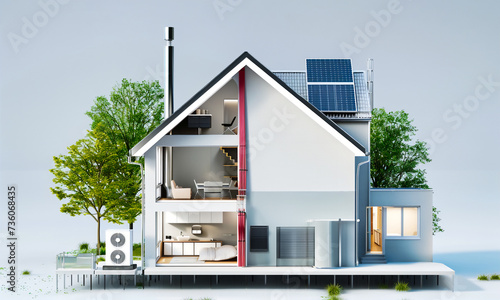 Tableau sur toile modern house building with solar panels and heat pump illustration