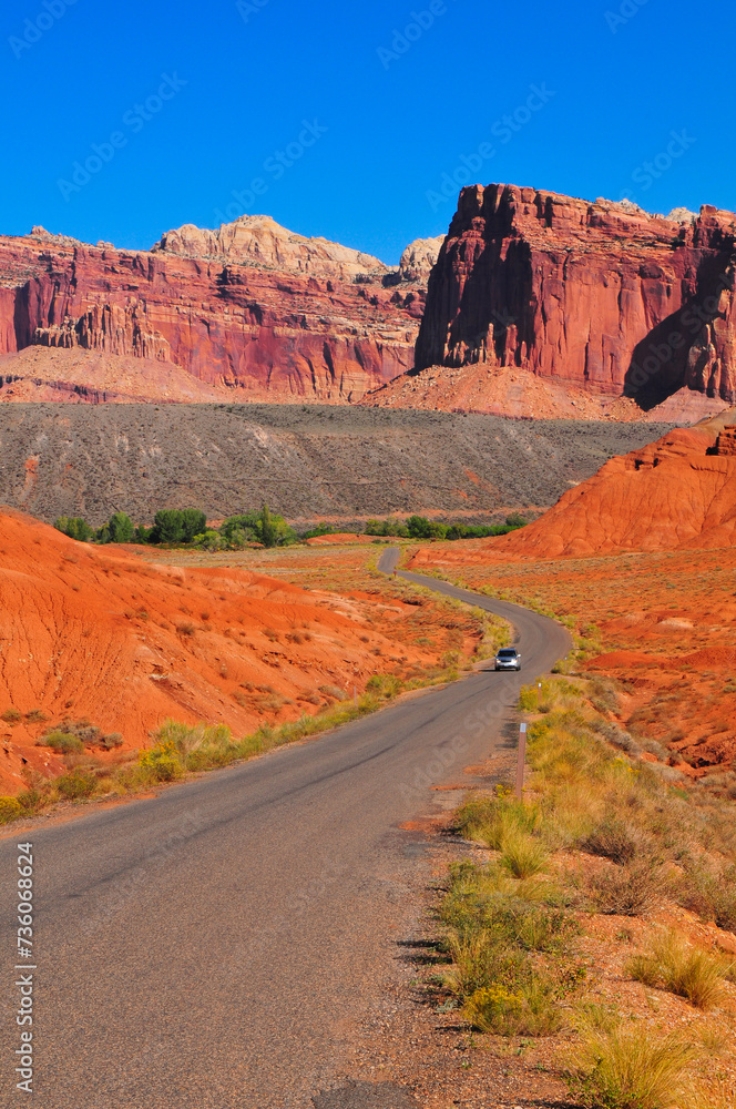 Mid-morning on the Scenic Drive through the Capitol Reef National Park, Utah, Southwest USA.