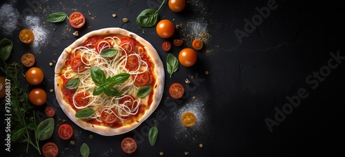 Delicious pizza with black background and empty space for text