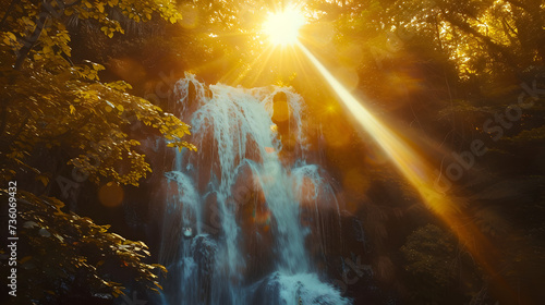 Enchanting Sunburst by Waterfall: Radiant Nature Scene with Glorious Sunlight Filtered Through Trees  © erlangga
