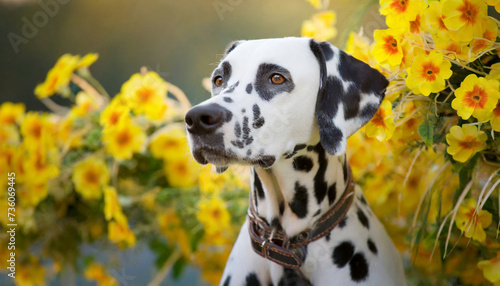 Portrait of dalmatian dog with black spots. Purebred dalmatian pet outdoors  yellow flowers garden