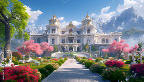 A spectacular royal palace with a beautiful garden, reminiscent of a fairy tale. This digital art 3D illustration exudes fantasy luxury and majesty.