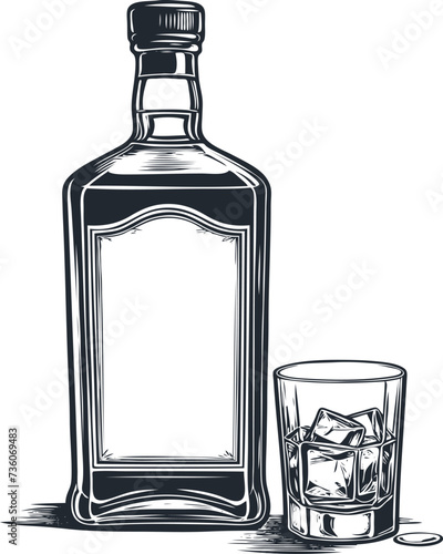 Whiskey bottle and glass with ice, vector illustration