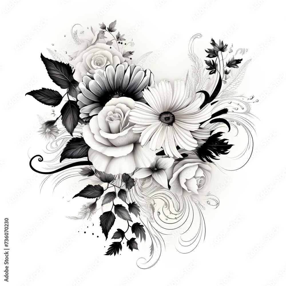Floristic tattoo design , black and white abstract illustration of flowers on white background generated with AI