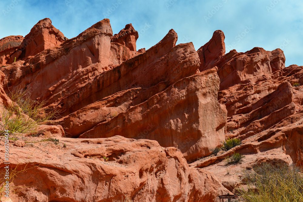 Arrow-like sandstone formations along the scenic road through the Quebrada de Cafayate, or Quebrada de las Conchas, Cafayate, Salta Province, northwest Argentina.