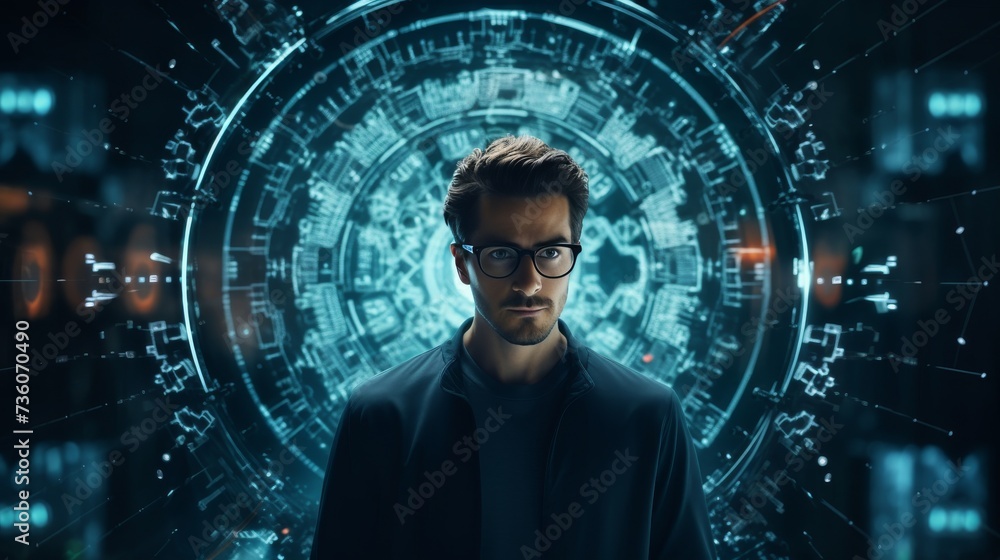 Man Standing in Front of Digital Background Man Standing in Front of Digital Background