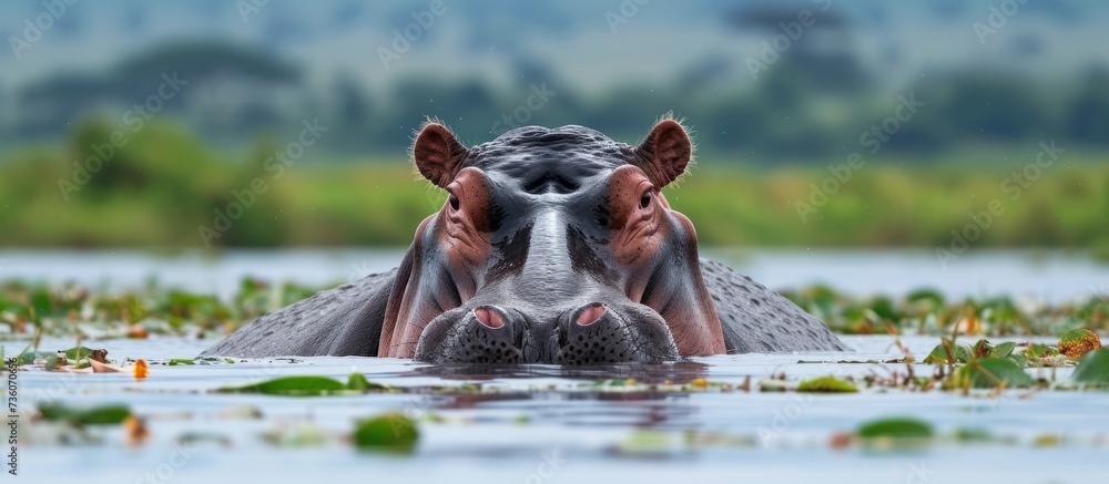 Fototapeta premium Majestic hippo gracefully swimming in the tranquil water of the river