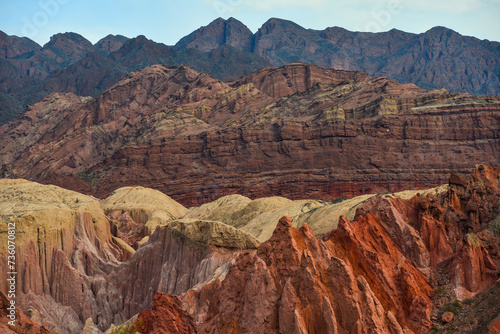 The multi-colored mountains of the Quebrada de Cafayate, or Quebrada de Las Conchas, Cafayate, Salta Province, Northwest Argentina.
