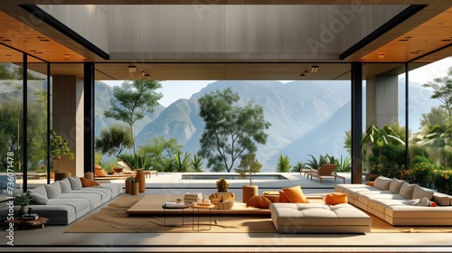 An interior design featuring a living room with a variety of furniture  showcasing a breathtaking view of mountains through the window