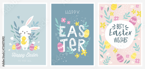 Happy Easter vector design templates. Cute hand-drawn matching design with bunnies, eggs, fun fonts and flowers.