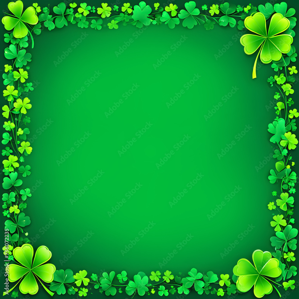 Postcard template with empty space in the center for St. Patrick's Day with green clover on green background, Postcard template with empty space in the center for St. Patrick's Day with green clover on green background,