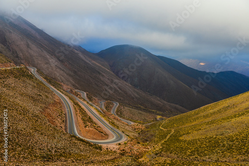 The steep hairpins of the Cuesta de Lipán mountain road on the way down to Purmamarca in the Quebrada Humahuaca, Jujuy province, northwest Argentina. photo