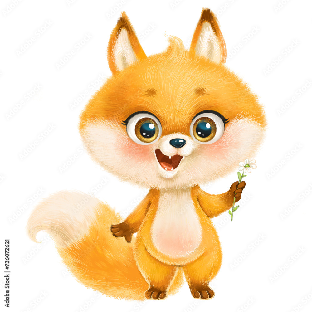 Obraz premium Cute cartoon fluffy red fox with little flower chamomile isolated on a white background