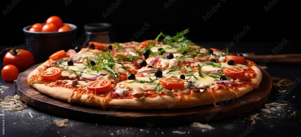delicious pizza, black background there is free space for text, wallpaper, poster, advertisement, etc