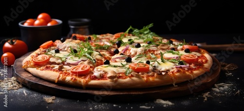 delicious pizza, black background there is free space for text, wallpaper, poster, advertisement, etc