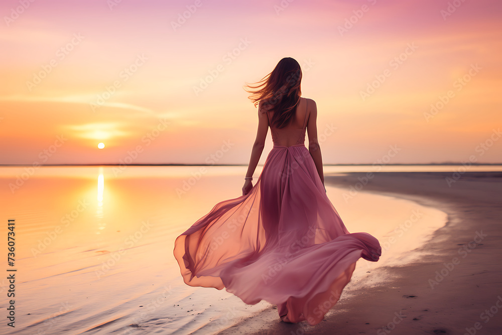 Beautiful young woman in a long pink dress on the beach at sunset Beautiful young woman in a long pink dress on the beach at sunset