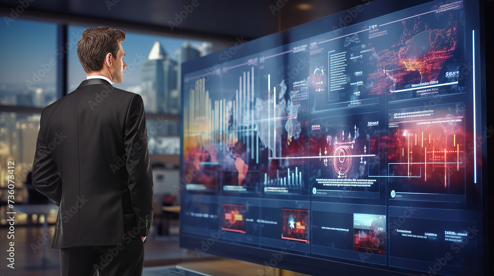 man watching analyzing real-time data on a large interactive wall display inside a monitoring center. man watching analyzing real-time data on a large interactive wall display inside a monitoring center.