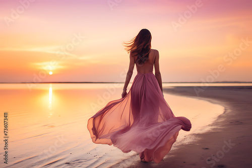 Beautiful young woman in a long pink dress on the beach at sunset