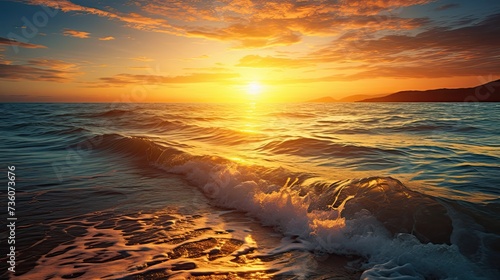 A breathtaking view of the ocean at sunset, with the sun's warm rays casting a golden glow over the tranquil waters
