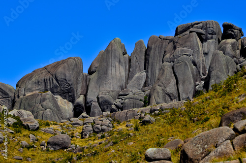 The huge granite boulders of the Pico das Prateleiras mountain (2.539m), or Shelves Peak, in the high sector of Itatiaia National Park, Rio de Janeiro state, Brazil.