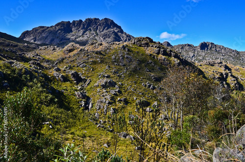 Agulhas Negras  or Black Needles peak  2.791m   one of the highest in Brazil  towering above the boulder-filled high plateau of Itatiaia National Park  Itatiaia  Rio de Janeiro  Brazil.