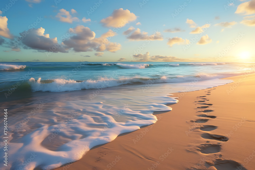 Sunset on the beach with footprints in the sand and waves.