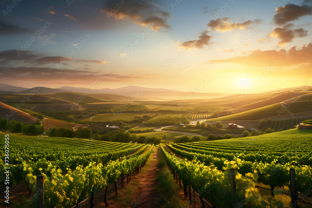 Sunset over vineyard in Tuscany, Italy. Filtered image processed vintage effect.