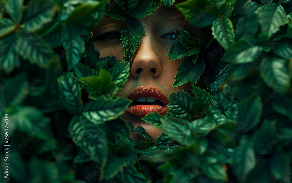 surreal, fantástica, uma linda mulher em folhagem verde escura no formato de um rosto feminino com boca bem aberta, olhos intensos surreal, fantástica, uma linda mulher em folhagem verde escura no formato de um rosto feminino com boca bem aberta, olhos intensos
