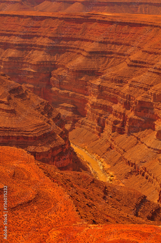A detail of the harsh canyon landscape of the Goosenecks of the San Juan river from Muley Point viewpoint, Utah, Southwest USA.