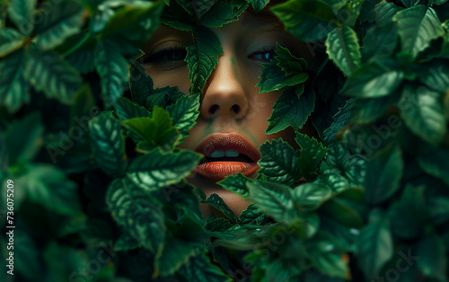 surreal, fantástica, uma linda mulher em folhagem verde escura no formato de um rosto feminino com boca bem aberta, olhos intensos photo