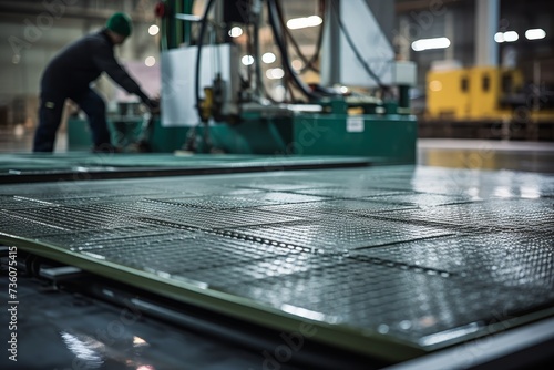 Close-up view of a demister pad, an essential industrial component, set against the backdrop of a bustling factory floor with workers and machinery photo