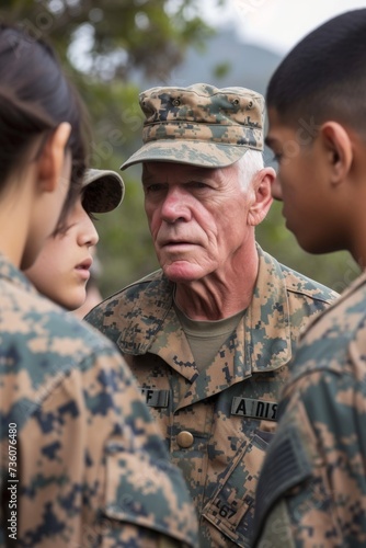 A mature Marine in uniform, sharing his experiences with younger recruits, reflecting the blend of ages in the armed forces.